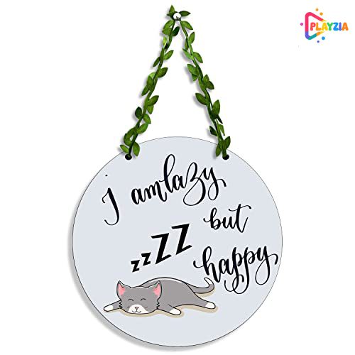 Playzia “I Am Lazy But Happy” Wall Hanging | Wooden Decorative Quote Wall Art | Funny Welcome Door Hanging for Home Décor