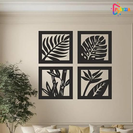 Playzia Tropical Leaves Wooden Wall Art Set of 4 Decorative Panels