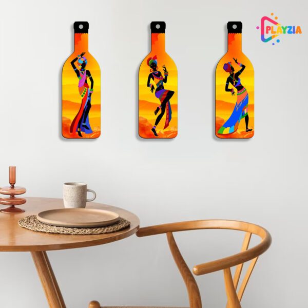 Playzia “African Dancing Girl” 3-Bottle Wall Hanging | Ethnic Art Wooden Wall Décor | Stylish Living Room & Bedroom Wall Hanging