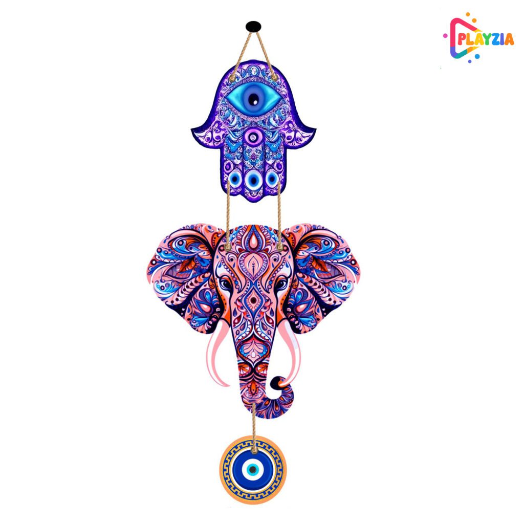 Playzia Elephant Evil Eye Wooden Wall Hanging for Home Décor