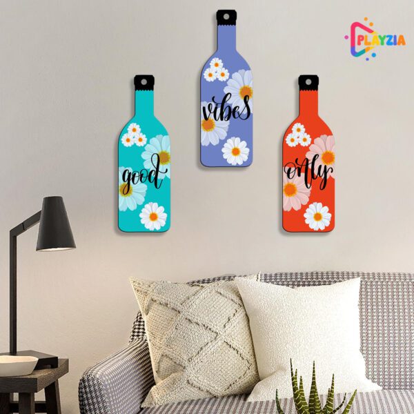 Playzia “Good Vibes Only” 3-Bottle Wall Hanging | Positive Quote Wooden Wall Décor | Stylish Living Room & Bedroom Hanging Frame