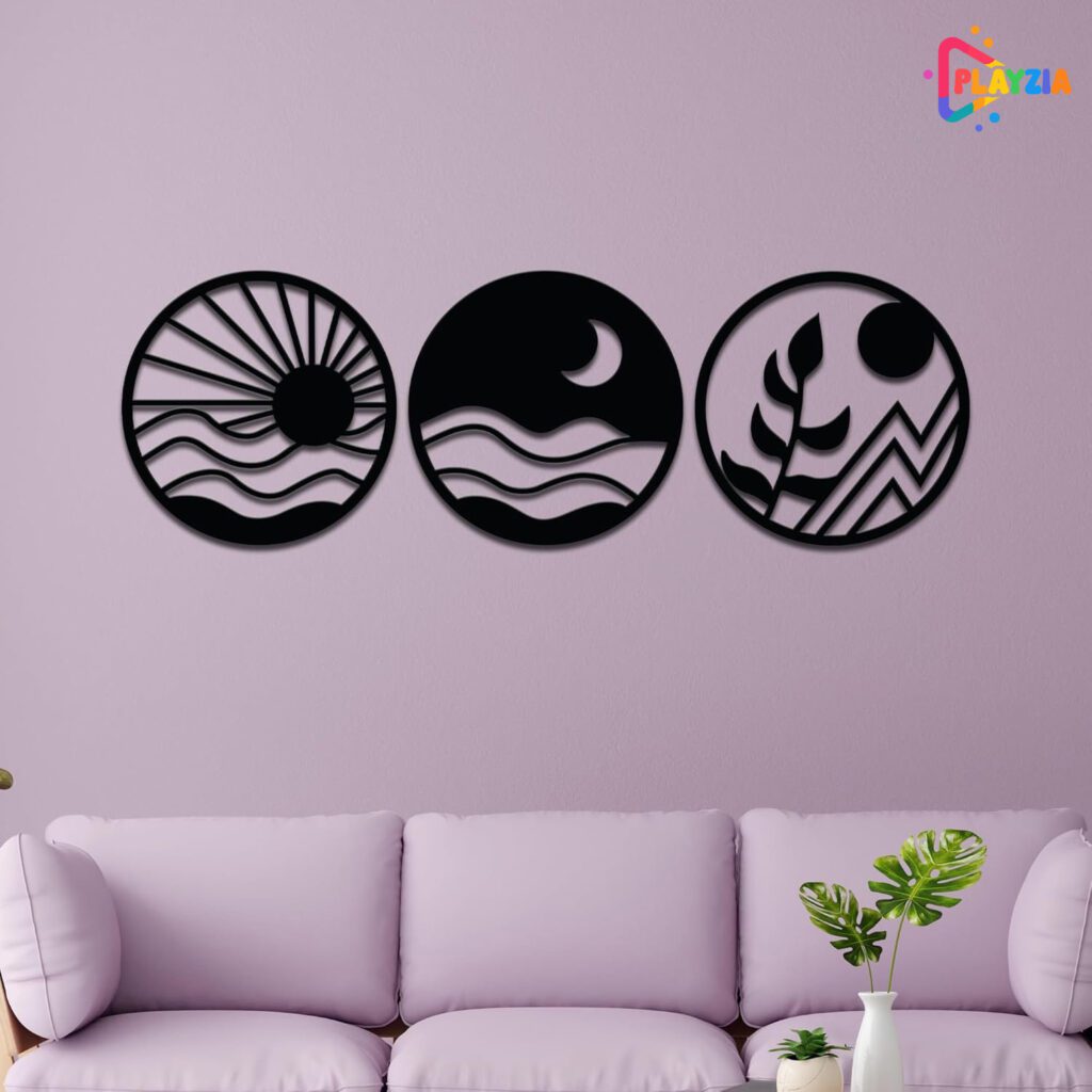 Playzia Pine Wood Round Landscape Wall Art Set of 3