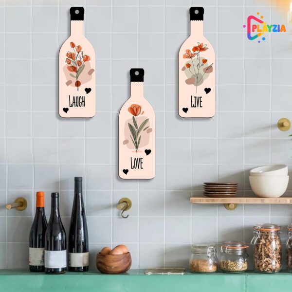 Playzia “Live Love Laugh” 3-Bottle Wall Hanging | Positive Quote Wooden Wall Décor | Modern Living Room & Bedroom Hanging Frame