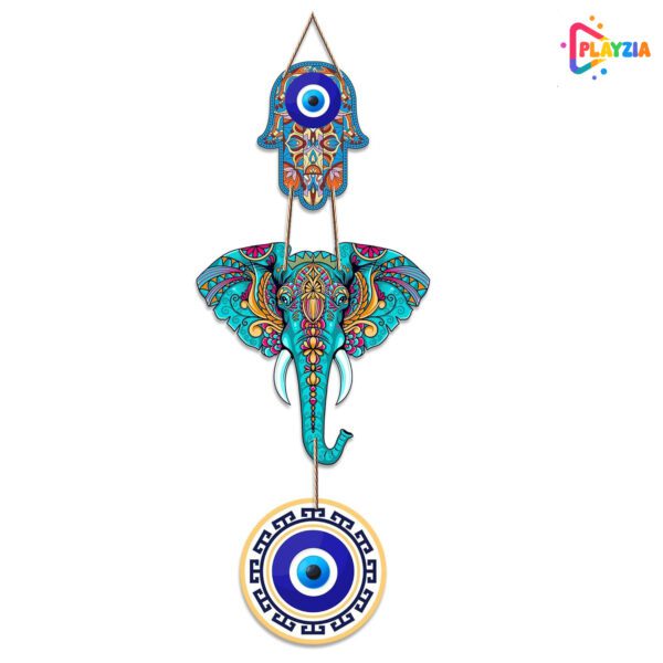 Playzia Designer Elephant Wooden Wall Hanging with Hamsa Hand