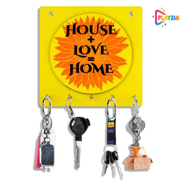 Playzia “House + Love = Home” Key Chain Holder for Wall | Wooden Key Hanger with 5 Hooks | Decorative Wall Mounted Organizer for Home & Office