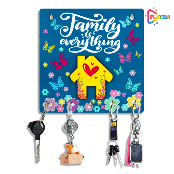 Playzia “Family is Everything” Key Chain Holder for Wall | Wooden Key Hanger with 5 Hooks | Decorative Wall Mounted Organizer for Home & Office