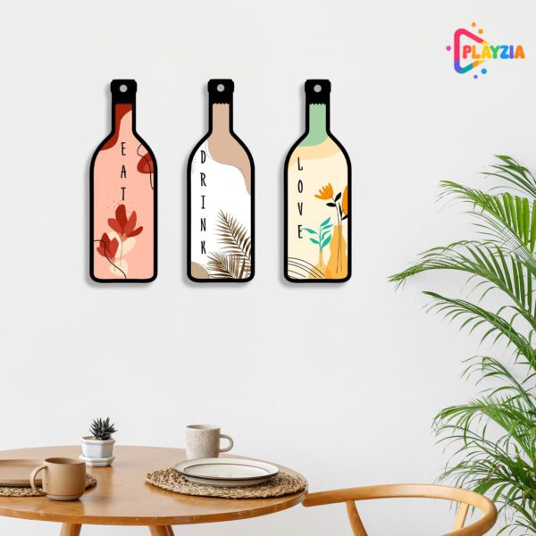 Playzia “Eat Drink Love” 3-Bottle Wall Hanging | Modern Kitchen & Dining Room Wall Décor | Inspirational Wooden Art for Home