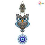 Playzia Owl Shape Wooden Wall Hanging with Hamsa Hand Design