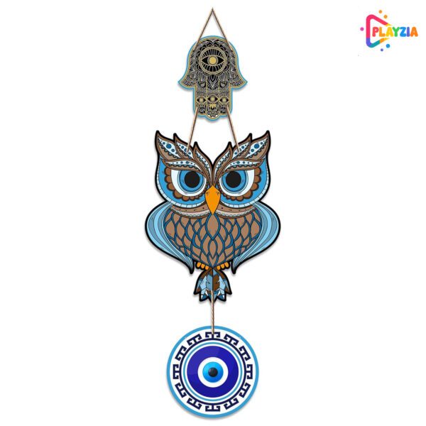Playzia Owl Shape Wooden Wall Hanging with Hamsa Hand Design