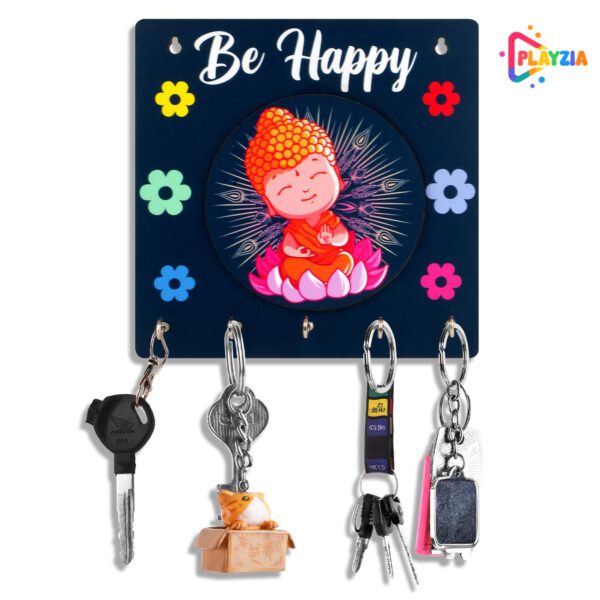 Playzia “Be Happy” Key Chain Holder for Wall | Wooden Key Hanger with 5 Hooks | Decorative Wall Mounted Organizer for Home & Office