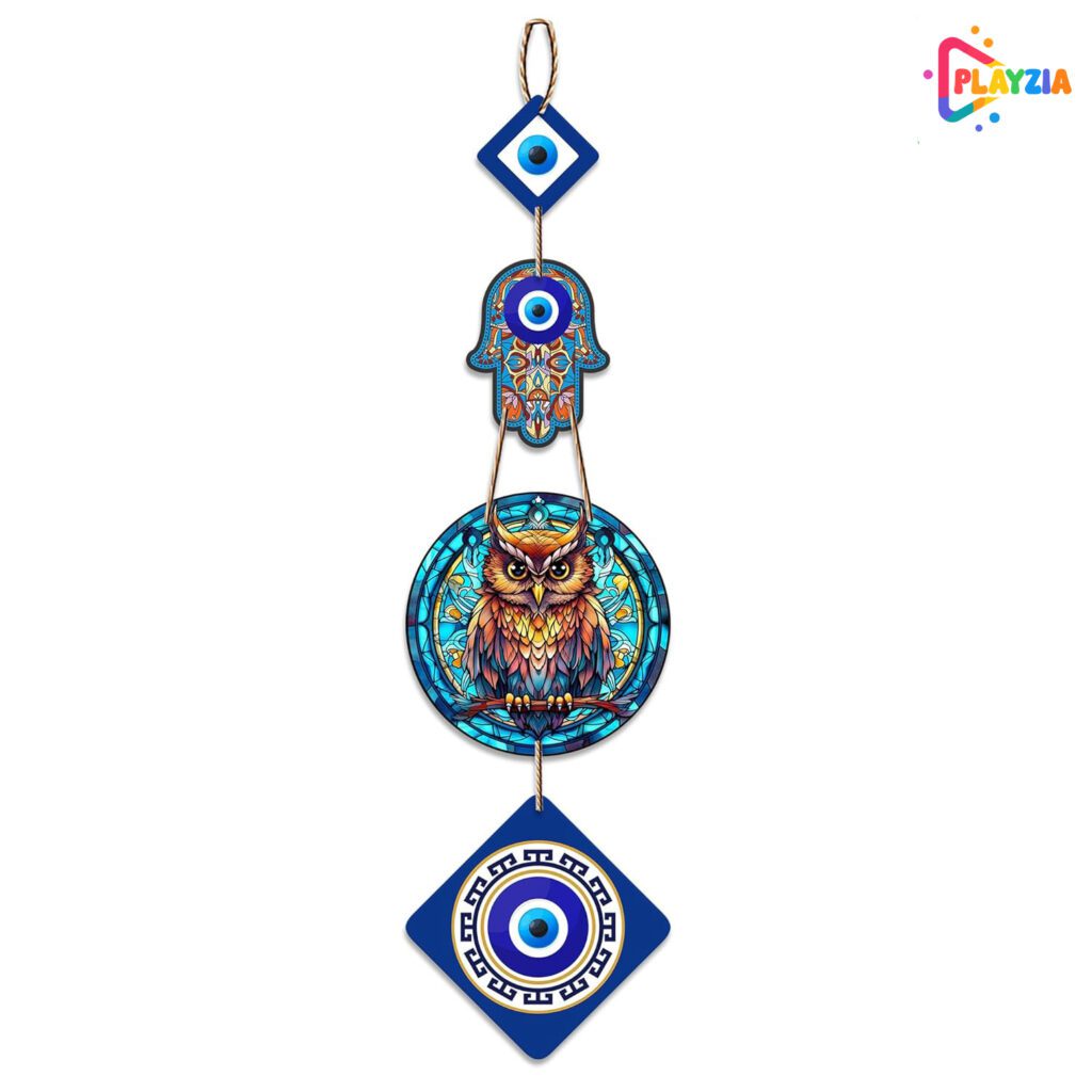 Playzia Owl Shape Designer Wooden Wall Hanging with Hamsa Hand Design