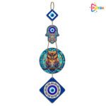 Playzia Owl Shape Designer Wooden Wall Hanging with Hamsa Hand Design