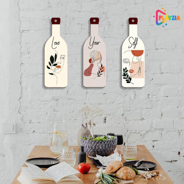 Playzia “Love Yourself” 3-Bottle Wall Hanging | Inspirational Wooden Wall Décor for Bedroom, Living Room & Home Interiors