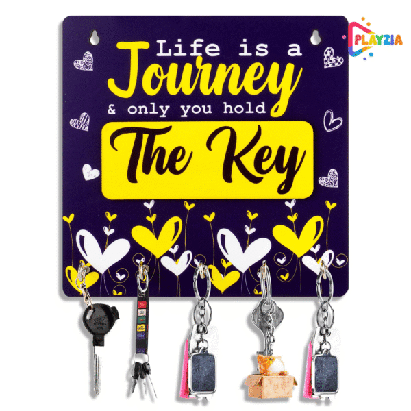 Playzia “Life is a Journey and Only You Hold the Key” Key Chain Holder for Wall | Wooden Key Hanger with 5 Hooks | Decorative Wall Mounted Organizer for Home & Office