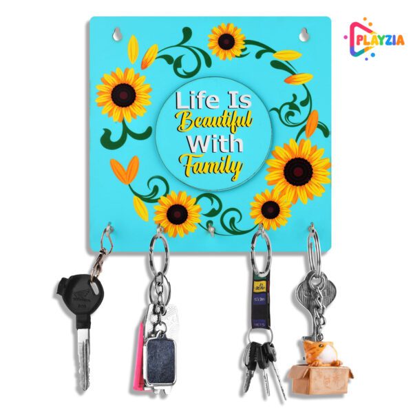 Playzia “Life is Beautiful with Family” Key Chain Holder for Wall | Wooden Key Hanger with 5 Hooks | Decorative Wall Mounted Organizer for Home & Office