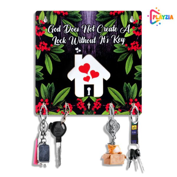 Playzia “God Does Not Create a Lock Without Its Key” Key Chain Holder for Wall | Wooden Key Hanger with 5 Hooks | Decorative Wall Mounted Organizer for Home & Office