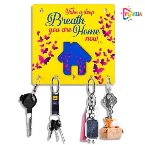 Playzia “Take a Deep Breath, You Are Home Now” Key Chain Holder for Wall | Wooden Key Hanger with 5 Hooks | Decorative Wall Mounted Organizer for Home & Office