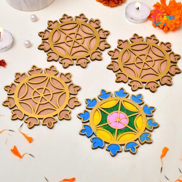 Playzia Rangoli Making Tools Kit | Reusable & Waterproof Rangoli Template for Diwali Decoration | Portable Decorative Item for Home & Office | Set of 4 (12 cm Each)