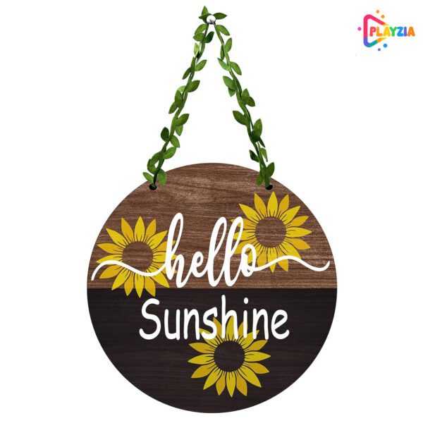 Playzia “Hello Sunshine” Wall Hanging | Wooden Decorative Quote Wall Art | Positive Welcome Door Hanging for Home Décor