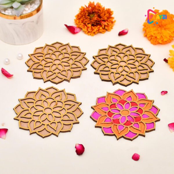 Playzia Rangoli Making Tools Kit | Reusable Portable Rangoli Template | Floating Rangoli Waterproof Design | Diwali Decoration Item for Home & Office (12 cm, Set of 4)