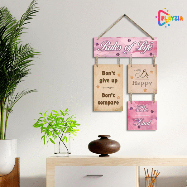 Playzia “Rules for Life” Wooden Wall Hanging | Positive Quote Wall Art for Living Room & Bedroom | Decorative Items for Home | Modern Motivational Wall Decor