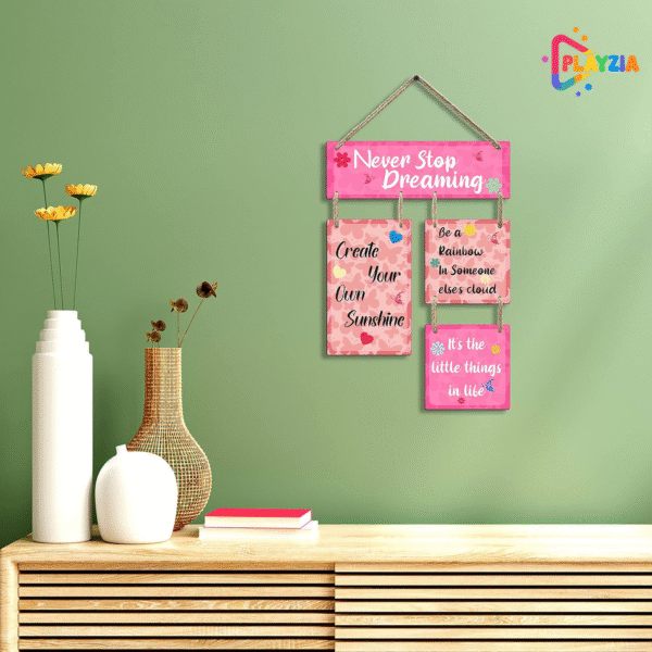 Playzia “Never Stop Dreaming” Wooden Wall Hanging | Positive Quote Wall Art for Living Room & Bedroom | Decorative Items for Home | Modern Motivational Wall Decor
