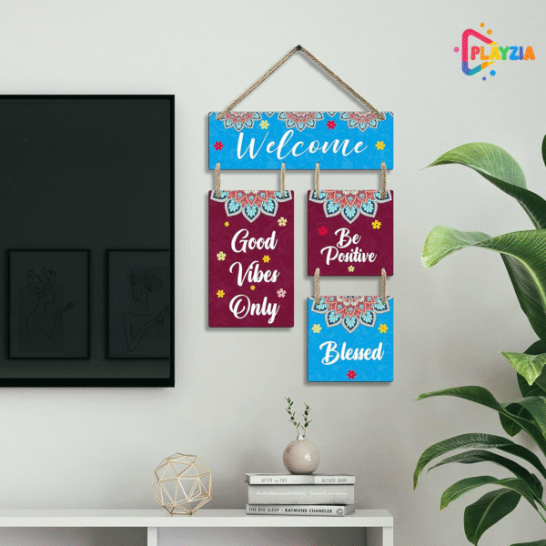 Playzia “Welcome” Wooden Wall Hanging | Positive Quote Wall Art for Living Room & Bedroom | Decorative Items for Home | Modern Motivational Wall Decor