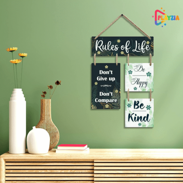 Playzia “Rules for Life” Wooden Wall Hanging | Positive Quote Wall Art for Living Room & Bedroom | Decorative Items for Home | Modern Motivational Wall Decor