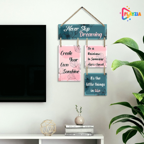 Playzia “Never Stop Dreaming” Wooden Wall Hanging | Positive Quote Wall Art for Living Room & Bedroom | Decorative Items for Home | Modern Motivational Wall Decor