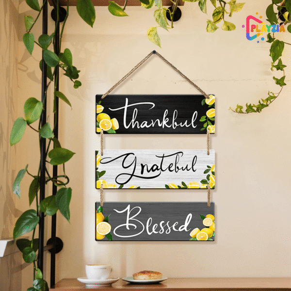 Playzia “Thankful • Grateful • Blessed” Wooden Wall Hanging | Inspirational Wall Décor for Living Room & Bedroom | Decorative Wooden Wall Art | Home & Office Decoration Item