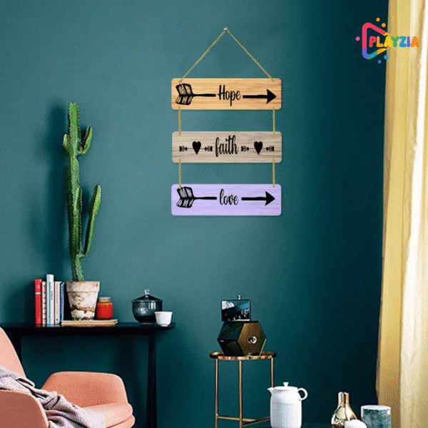 Playzia “Hope • Faith • Love” Wooden Wall Hanging | Inspirational Wall Décor for Stylish Living Room & Bedroom | Decorative Quote Wall Art for Home & Office