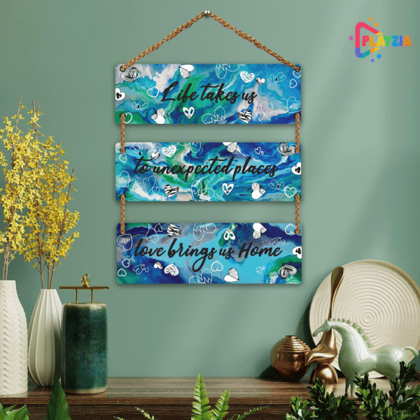 Playzia “Life Takes Us to Unexpected Places, Love Brings Us Home” Wooden Wall Hanging | Inspirational Quote Wall Décor for Bedroom & Living Room | Decorative Wooden Hanging for Home Decoration | Wall Art for Room & Office
