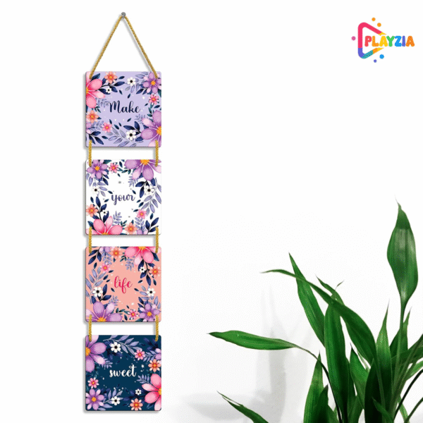 Playzia “Make Your Life Sweet” Multilayer Wooden Wall Hanging | 4-Piece Square Panel Wall Décor for Living Room & Bedroom | Stylish Modern Home Decoration Art Frames