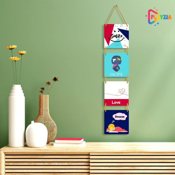 Playzia “Smile • Love • Hope” Multilayer Wooden Wall Hanging | 4-Piece Square Panel Wall Décor for Living Room & Bedroom | Stylish Modern Home Decoration Art Frames