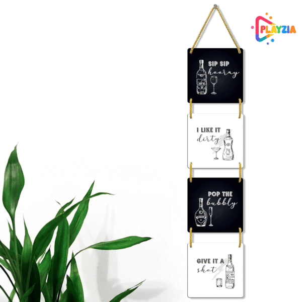 Playzia “Sip Sip I Like It” Multilayer Wooden Wall Hanging | 4-Piece Square Panel Wall Décor for Living Room & Bedroom | Stylish Modern Home Decoration Art Frames