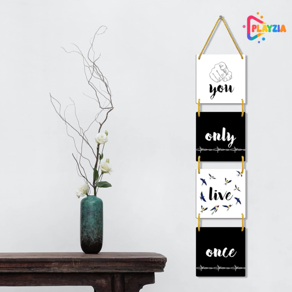 Playzia “You Only Live Once (YOLO)” Multilayer Wooden Wall Hanging | 4-Piece Square Panel Wall Décor for Living Room & Bedroom | Stylish Modern Home Decoration Art Frames