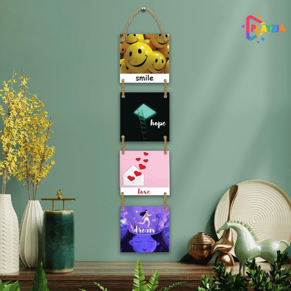 Playzia “Smile • Hope • Love • Dream” Multilayer Wooden Wall Hanging | 4-Piece Square Panel Wall Décor for Living Room & Bedroom | Stylish Modern Home Decoration Art Frames