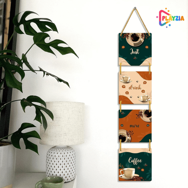 Playzia “Just Drink More Coffee” Multilayer Wooden Wall Hanging | 4-Piece Square Panel Wall Décor for Living Room & Bedroom | Stylish Modern Home Decoration Art Frames