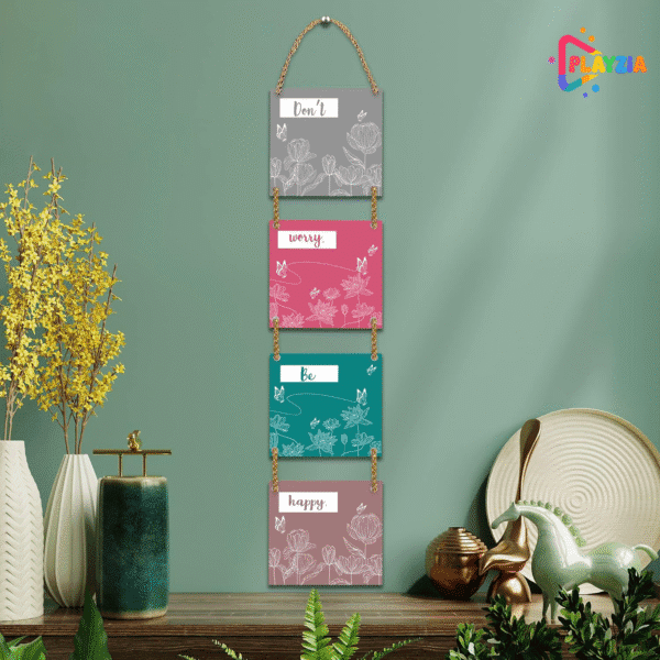 Playzia “Don’t Worry, Be Happy” Multilayer Wooden Wall Hanging | 4-Piece Square Panel Wall Décor for Living Room & Bedroom | Stylish Modern Home Decoration Art Frames