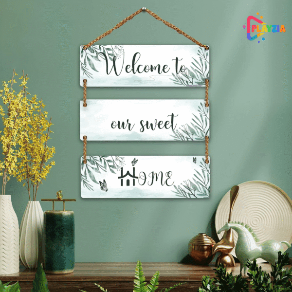 Playzia “Welcome to Our Sweet Home” Wooden Wall Hanging | Home Décor Items for Living Room & Entrance | Rustic Wall Art Sign for Bedroom, Hallway & Porch | Wooden Home Decoration Gift