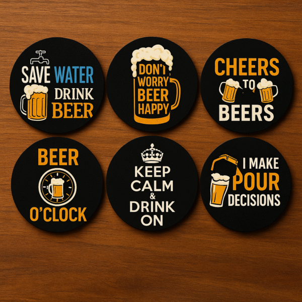 Playzia “Beer Lovers Pack” Wooden Coaster Set of 6 | Beautiful Multi-Color Round Coasters with Stand | Designer Coaster Set for Tea Cups, Coffee Mugs & Glasses (3.5×3.5 Inch)