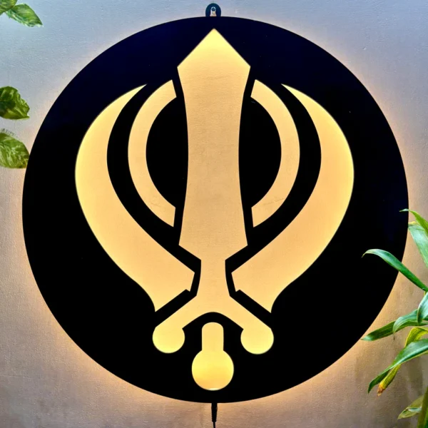 Playzia Khanda Sahib Sikh Symbol LED Wall Decor Light – Laser-Cut Wooden Night Lamp (Matte Black Finish)