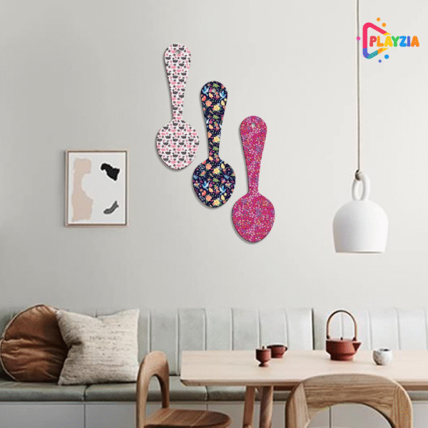 Playzia “Floral Spoon Set” Wooden Wall Hangings | Stylish Decorative Wall Art for Living Room & Bedroom | Modern Wooden Spoon Shape Wall Décor Panels | Set of 3 (51 × 38 cm)