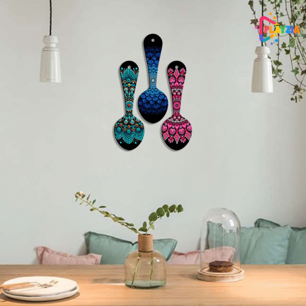 Playzia “Aqua Spoon Set” Wooden Wall Hangings | Stylish Wall Décor for Living Room & Bedroom | Modern Decorative Spoon Shape Wall Art Panels | Set of 3 (51 × 38 cm)