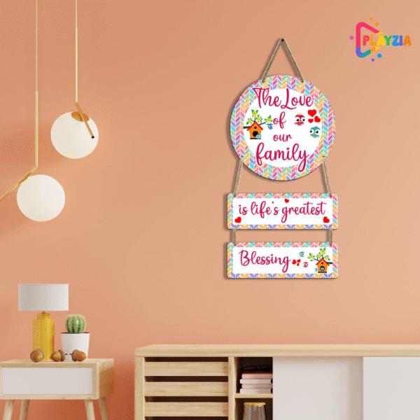 Playzia “The Love of Our Family” Wooden Wall Hanging | Home Décor Wall Art for Living Room & Bedroom | Decorative Wooden Wall Décor for Home | Modern Family-Themed Room & Office Decoration (60 × 27 cm)