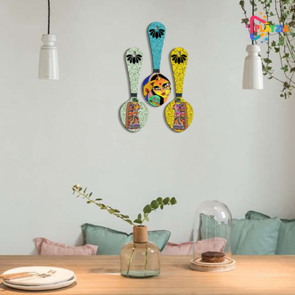 Playzia “Rajasthani Art Spoon Set” Wooden Wall Hangings | Traditional Ethnic Decorative Wall Art for Living Room & Bedroom | Stylish Wall Decoration Panels | Set of 3 (51 × 38 cm)