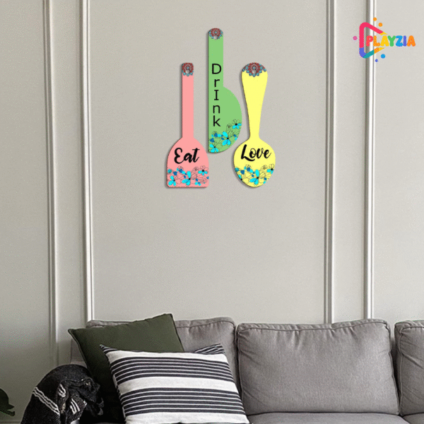 Playzia “Drink” Wooden Wall Hangings | Spoon Shape Wall Art Panels | Home & Living Room Decorative Items | Stylish Modern Wall Decor | Set of 3 (51 × 38 cm)