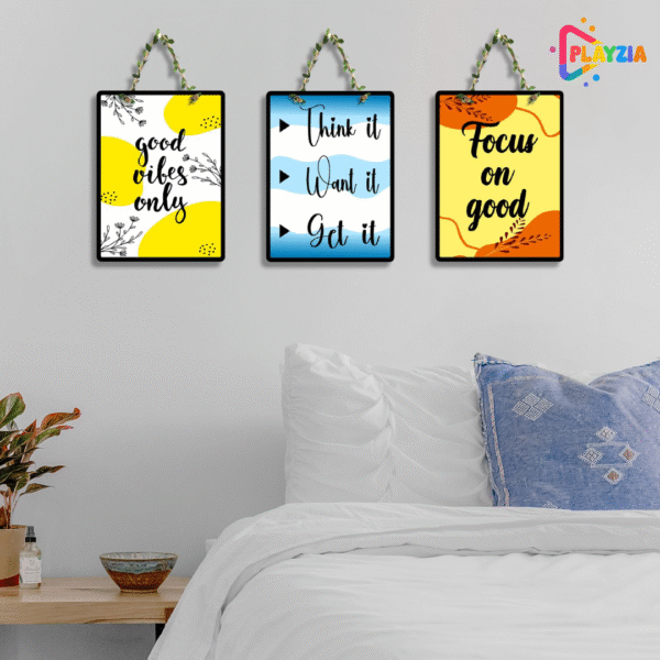 Playzia “Think It Want It Get It” Wall Hanging | 3-Piece Motivational Quote Decorative Wall Art for Living Room & Office | Stylish Modern Wall Décor Panels | Home Decoration Items (66 × 66 × 22.5 cm)