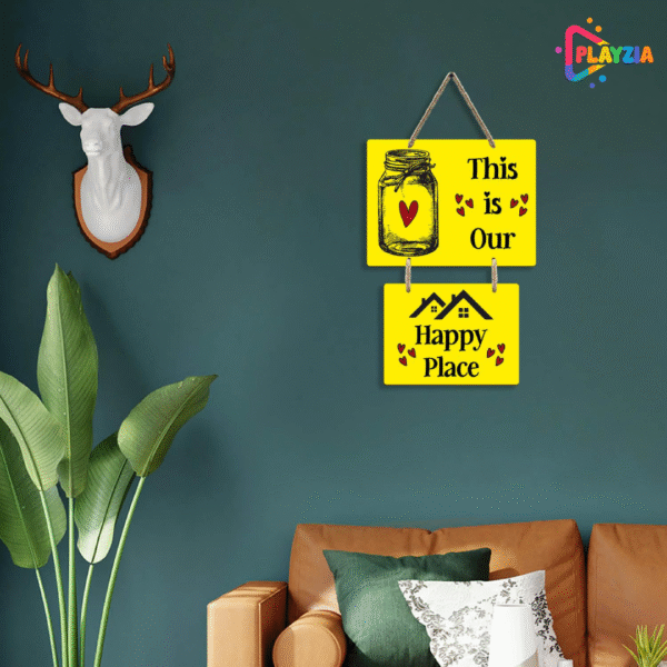 Playzia “This is Our Happy Place” Wooden Wall Hanging | Home Décor Items for Living Room & Bedroom | Positive Wall Art | 2-Piece Decorative Wall Hanging Set (46 × 26 cm)