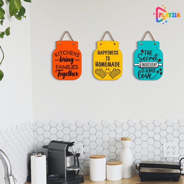 Playzia “Happiness Is Homemade” Kitchen Wall Hanging | Decorative Items for Kitchen & Dining | Home Decor Items for Living Room | Stylish Wooden Wall Décor with 3 Display Jars (19 × 30 × 19 cm)